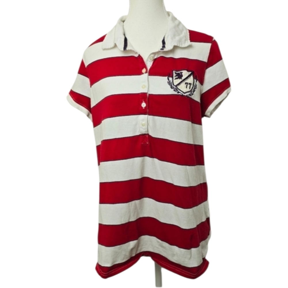 Old Navy Vintage Y2K Short Sleeve Striped Pop-Over Casual Polo Shirt Preppy